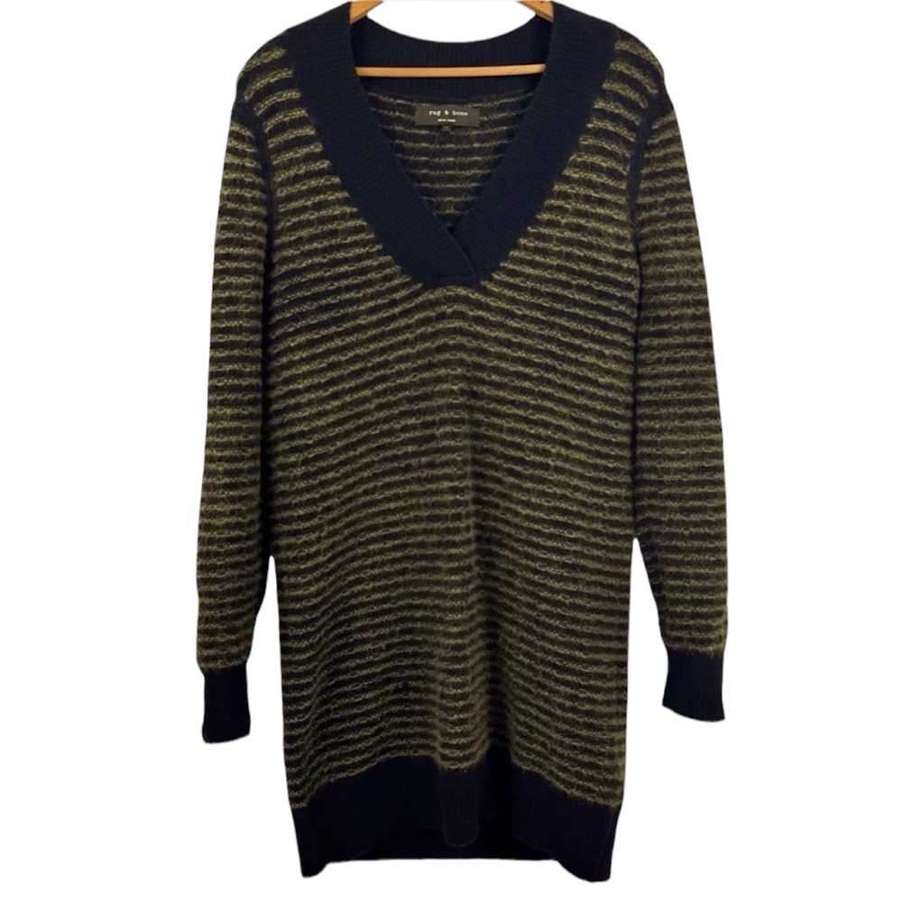 rag & bone Olive Green and Black Striped V-Neck Sweater